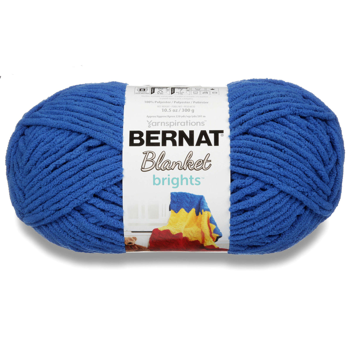 Blue skein of Bernat Blanket yarn with label on a white background