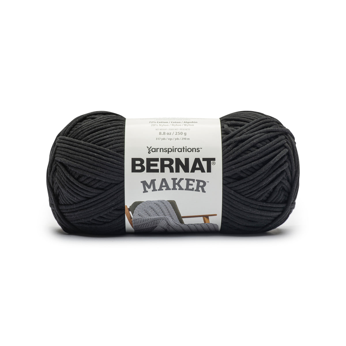 Black skein of Bernat Maker yarn on a white background