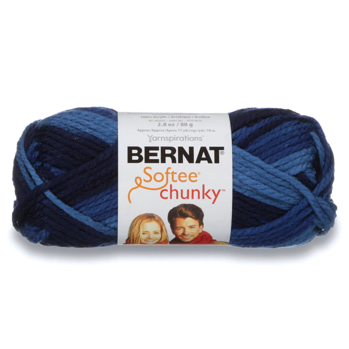 Blue skein of Bernat Softee Chunky yarn on a white background