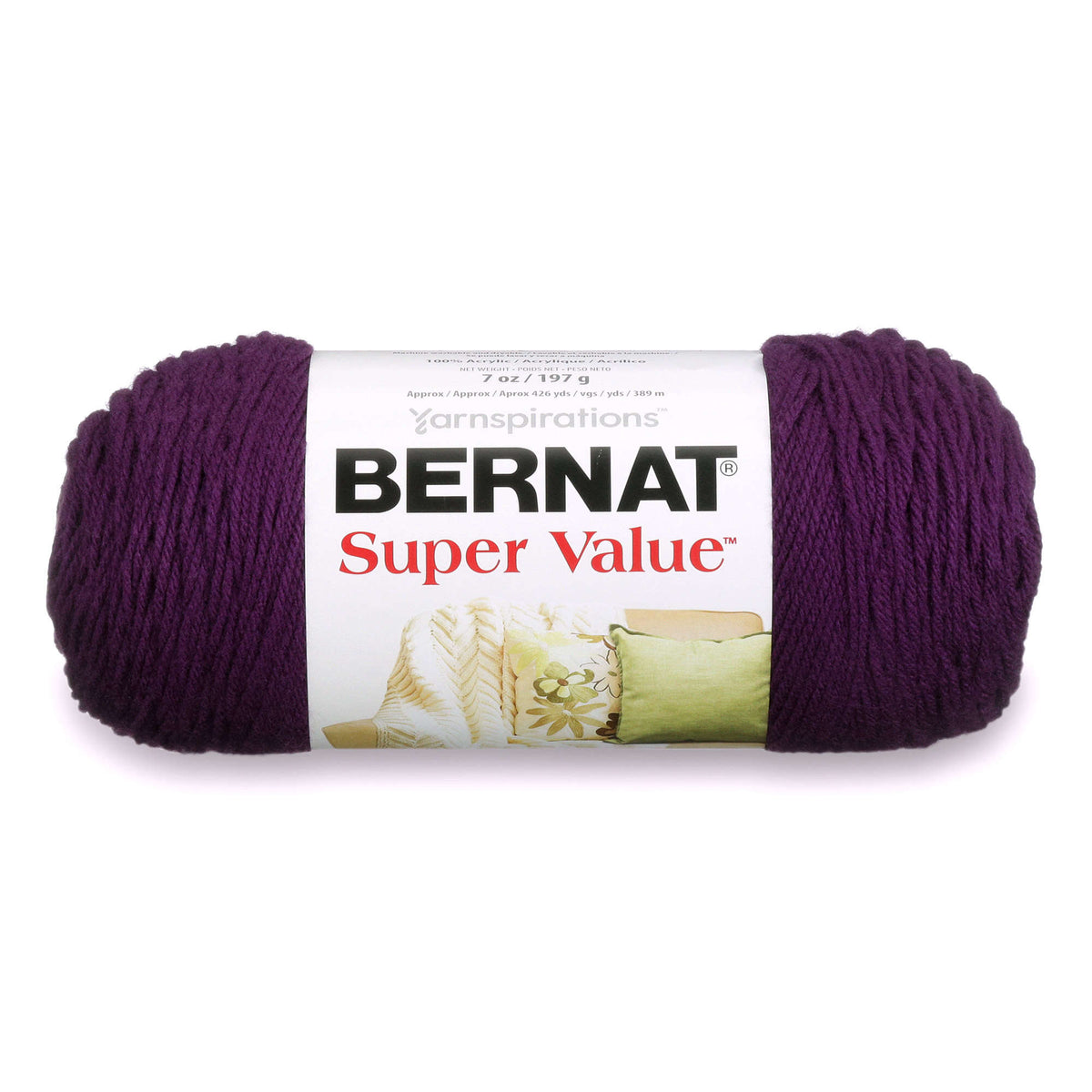 Ball of purple yarn with Bernat Super Value label on a white background