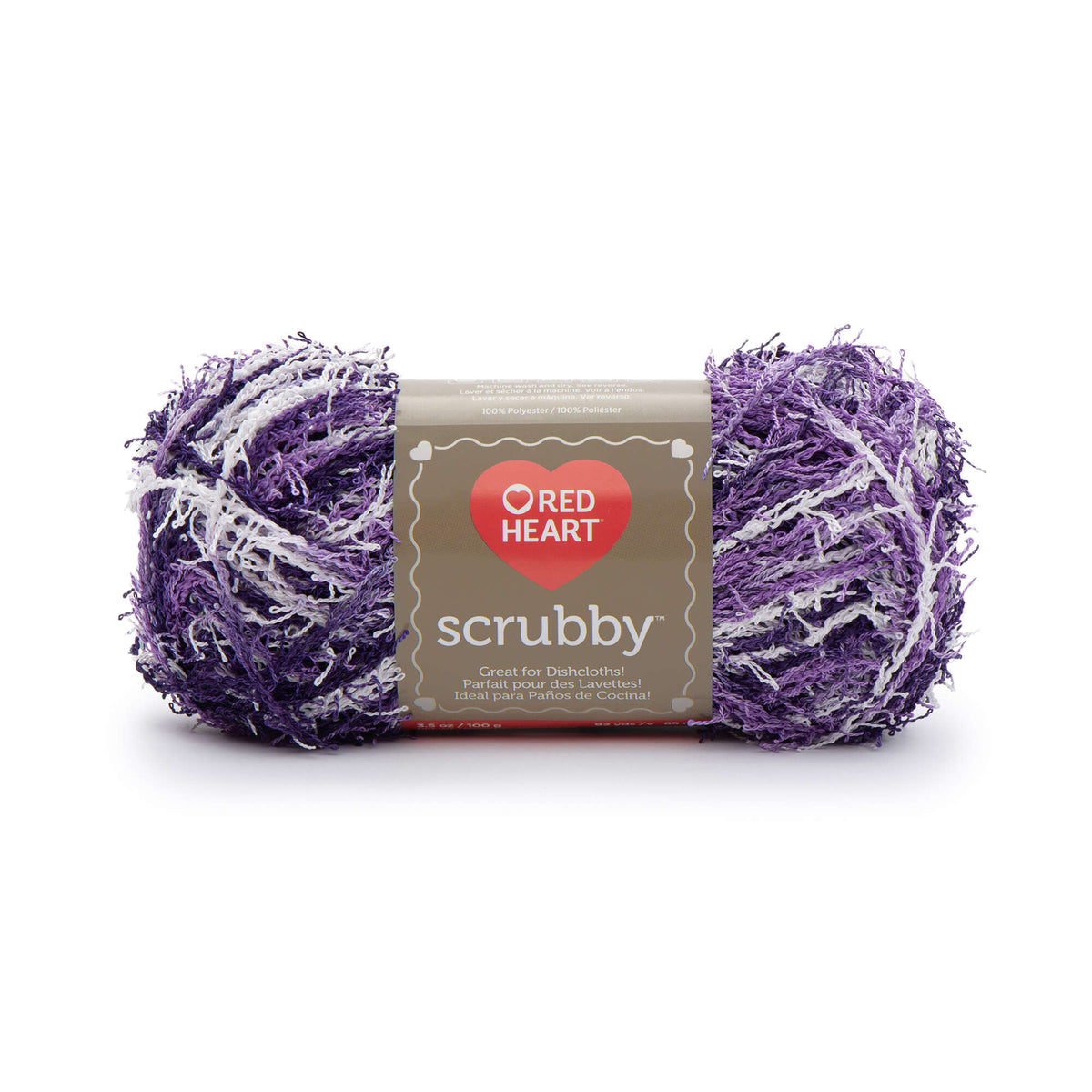 Purple and white scrubby yarn with Red Heart label on a white background