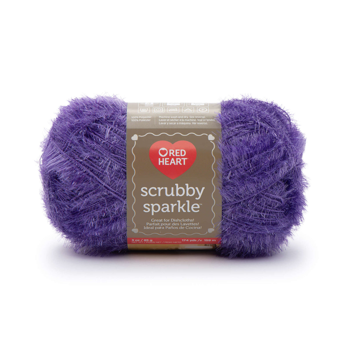 Purple scrubby sparkle yarn with Red Heart label on a white background