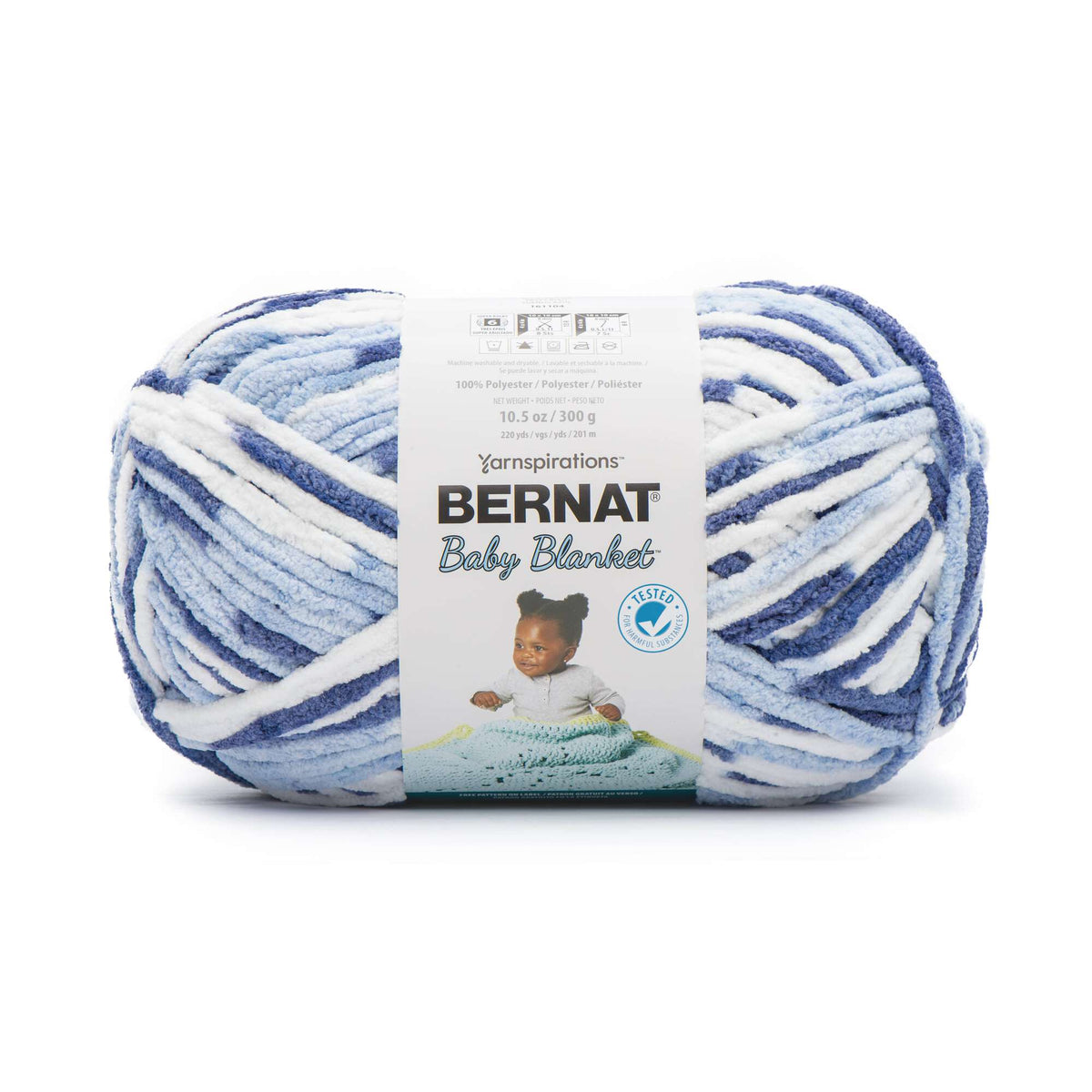 Blue and white yarn ball with Bernat Baby Blanket label on a white background