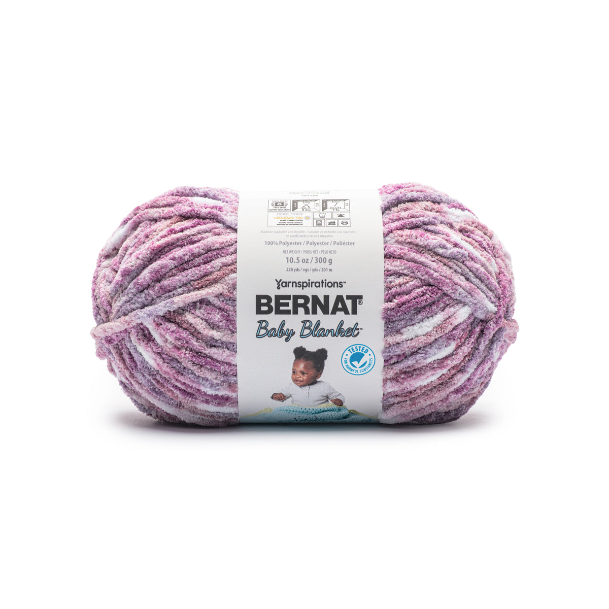 Ball of Bernat Baby Blanket yarn with label on a white background