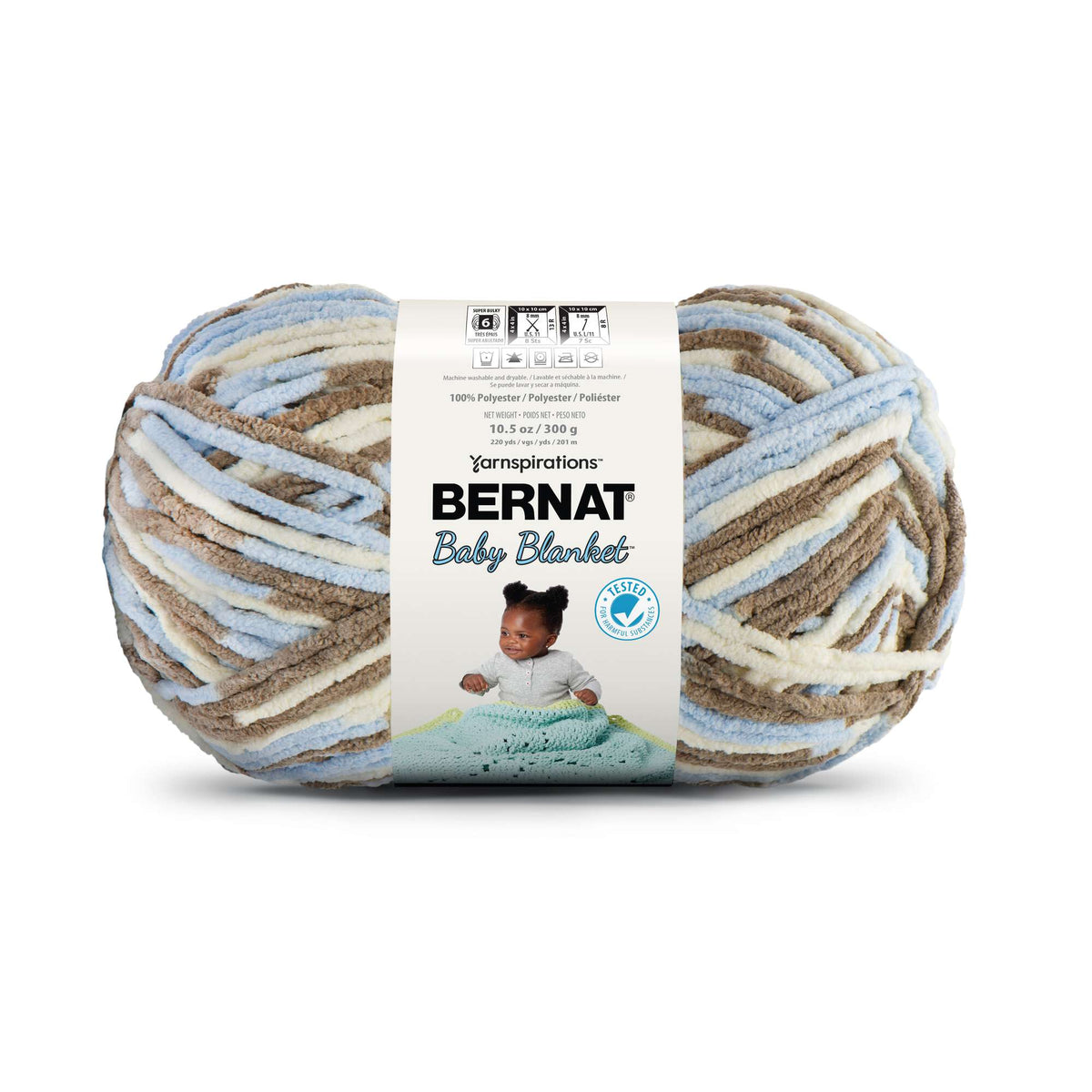 Ball of Bernat Baby Blanket yarn with label on a white background