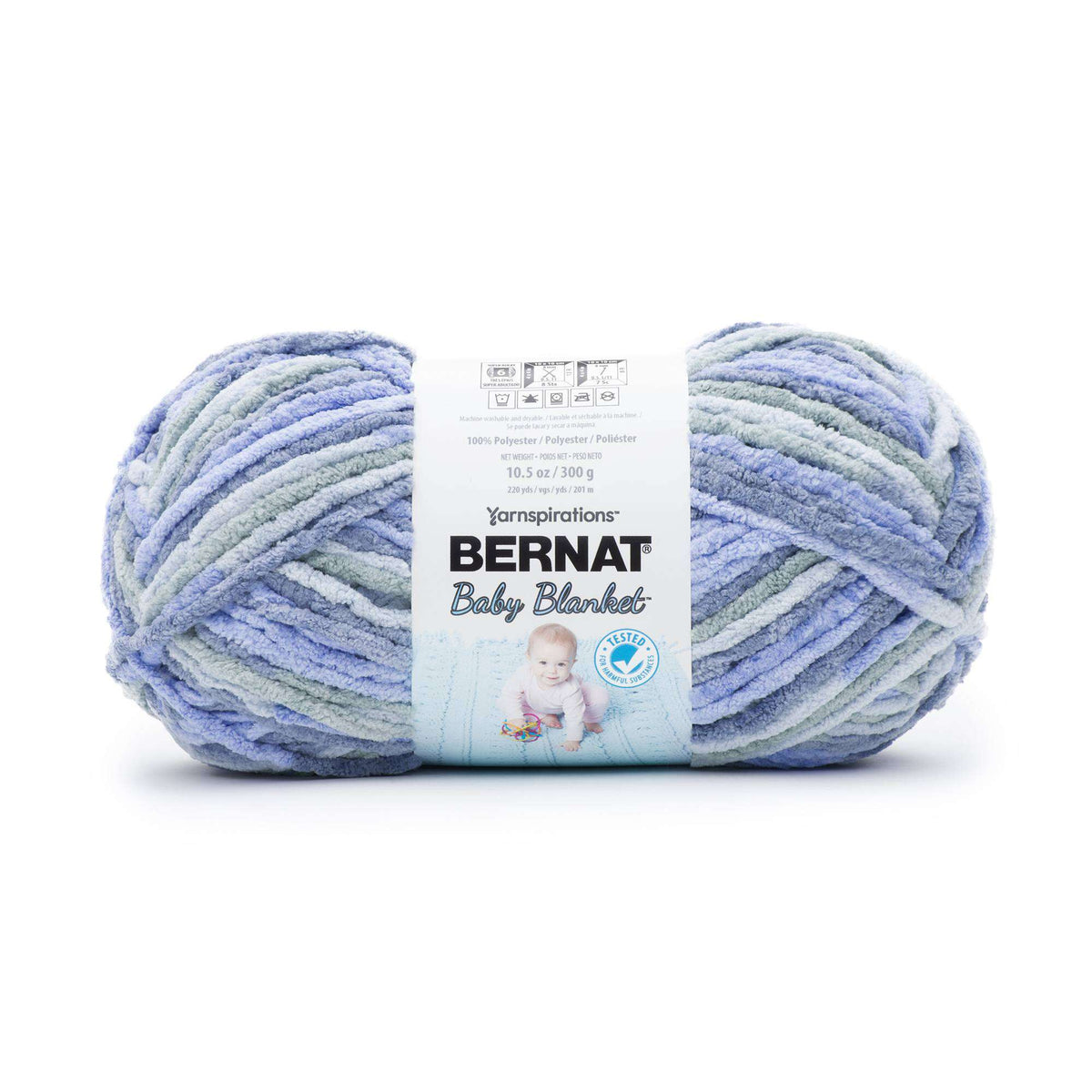 Ball of Bernat Baby Blanket yarn with label on a white background