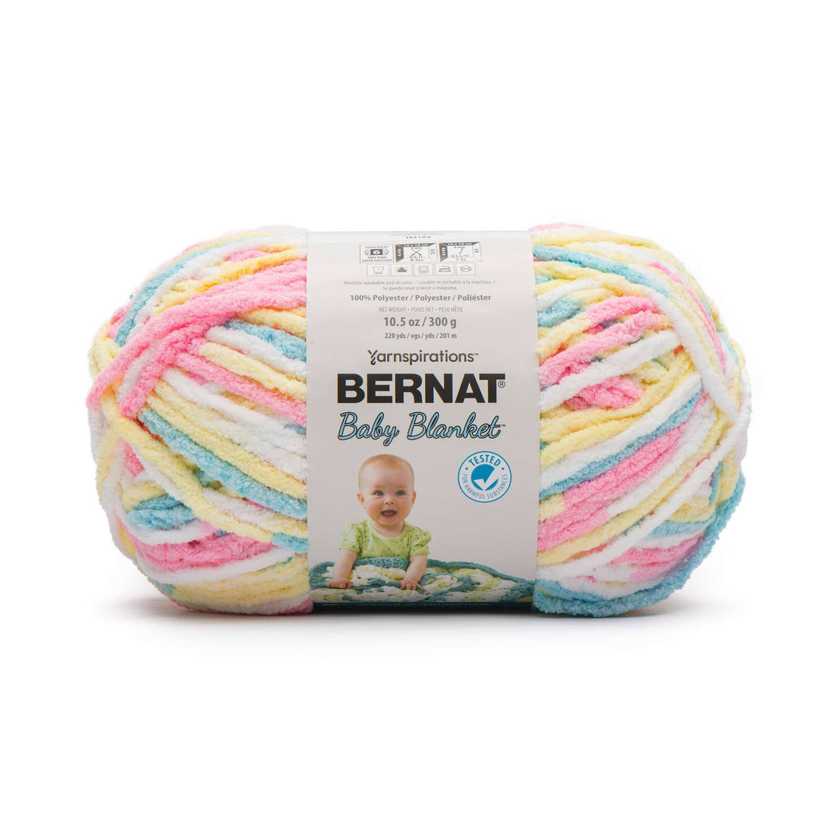 Multicolored ball of yarn with Bernat Baby Blanket label on a white background