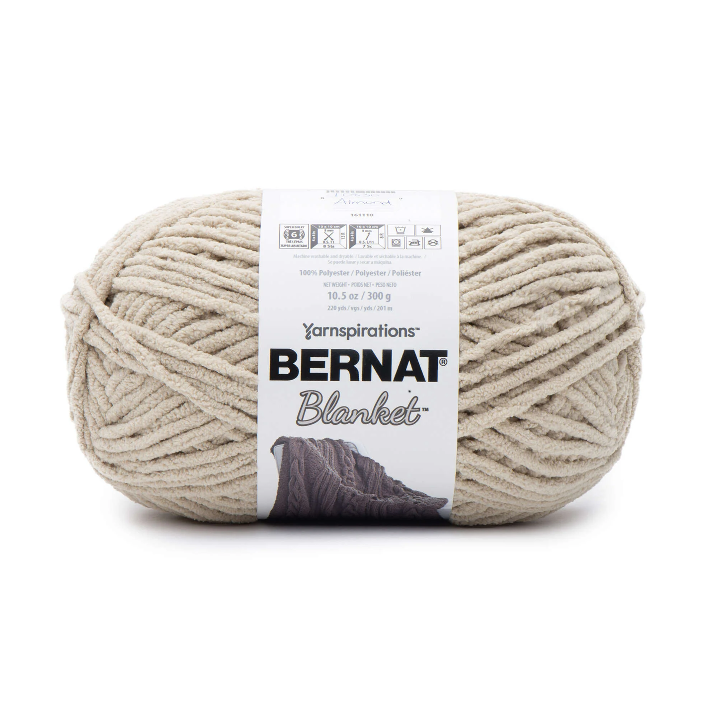 Ball of Bernat Blanket yarn with label on a white background