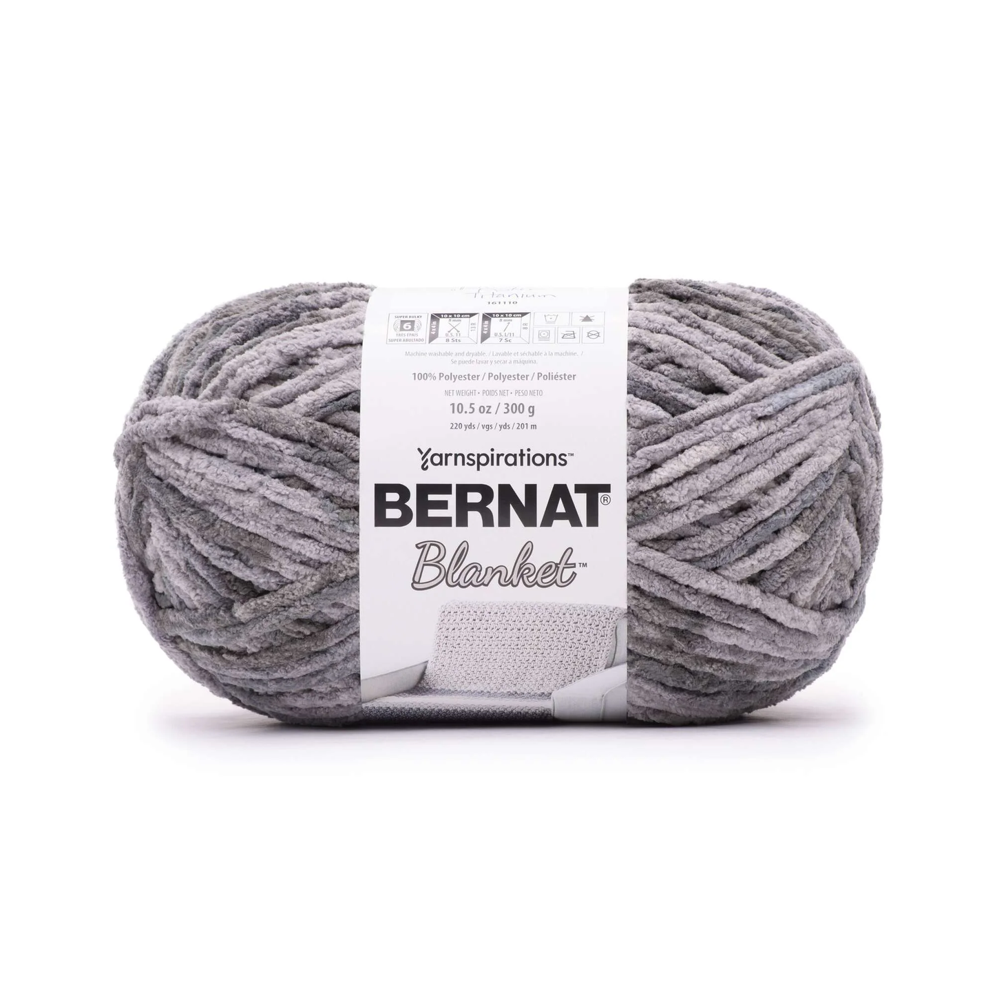 Ball of Bernat Blanket yarn with label on a white background