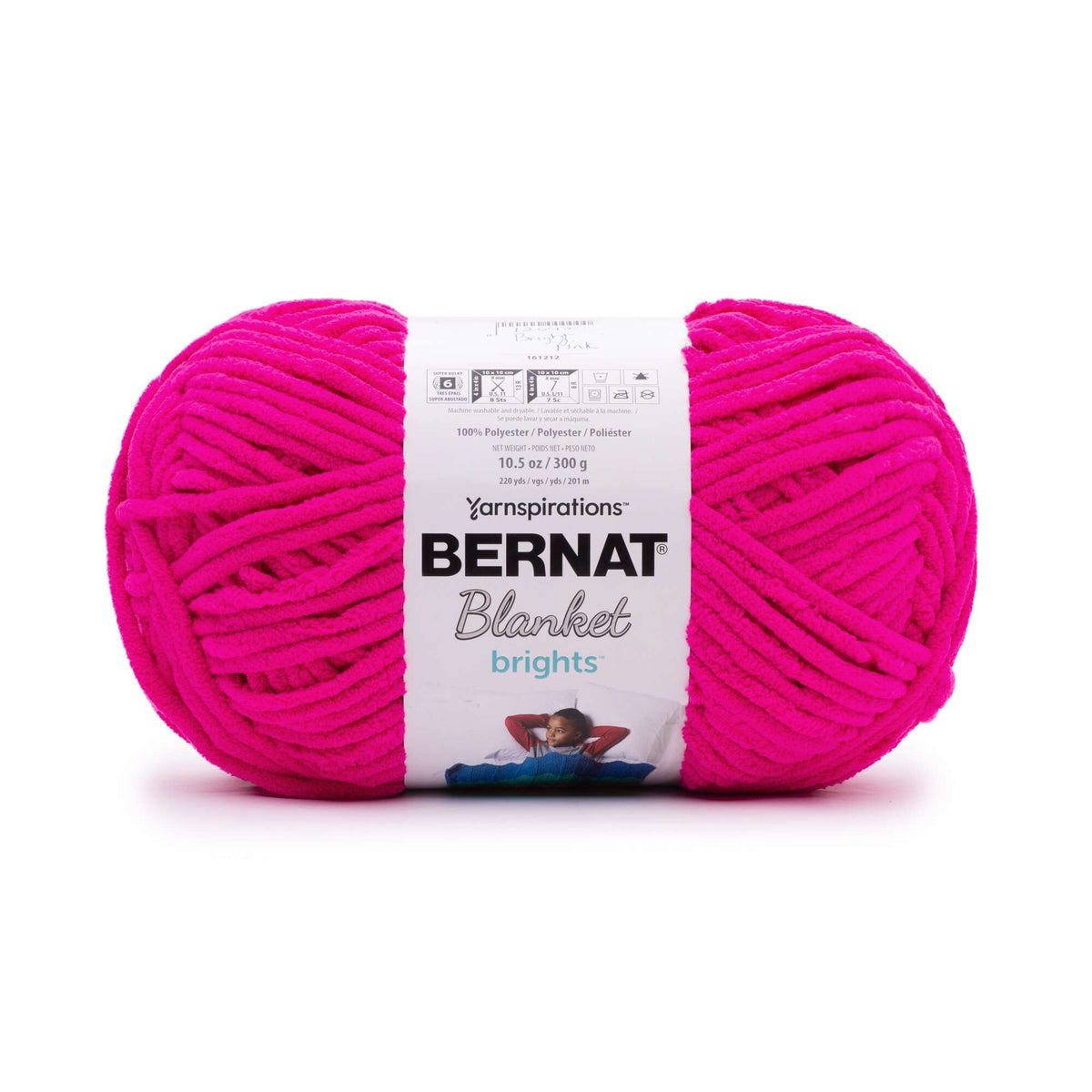 Ball of pink yarn with a Bernat label on a white background