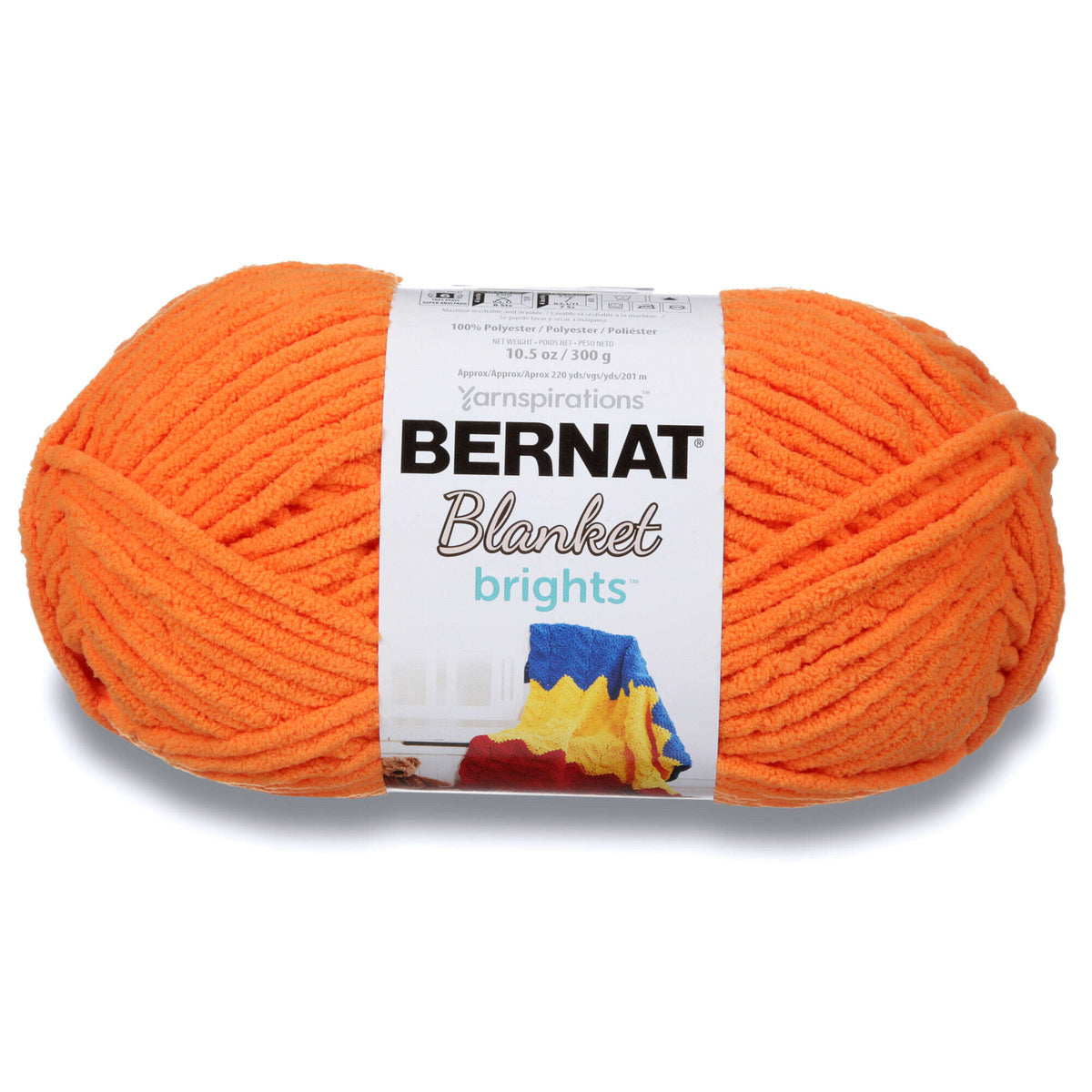 Orange ball of Bernat Blanket yarn on a white background