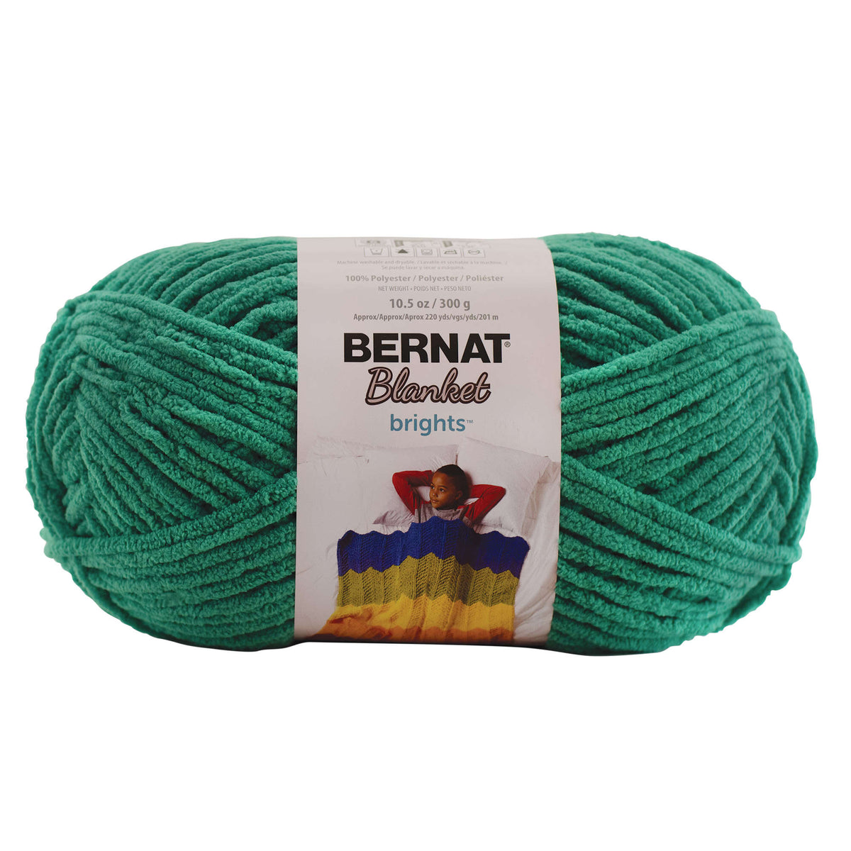 Green skein of Bernat Blanket yarn on a white background