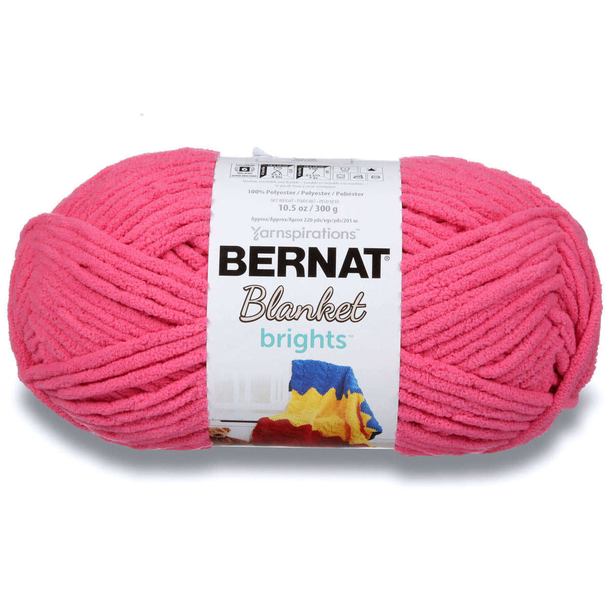 Pink skein of Bernat Blanket yarn on a white background
