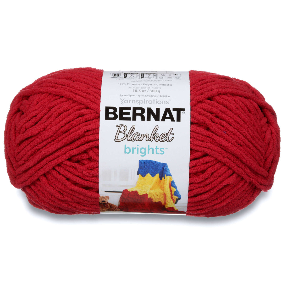 Red ball of yarn with a Bernat label on a white background