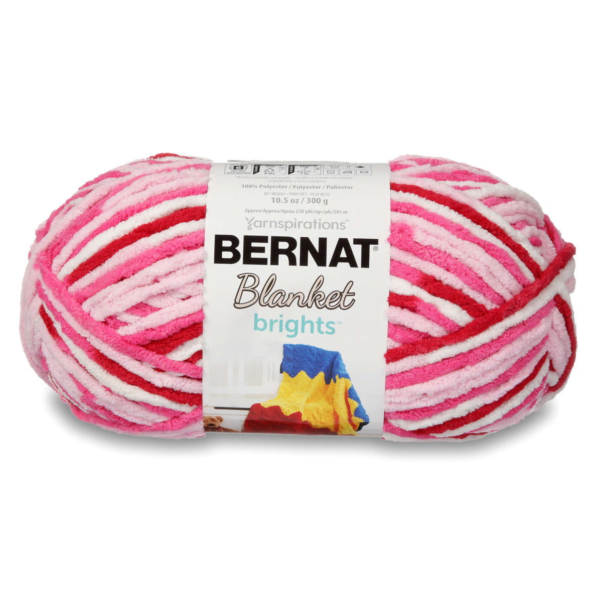 Pink and white striped yarn ball with Bernat label on a white background