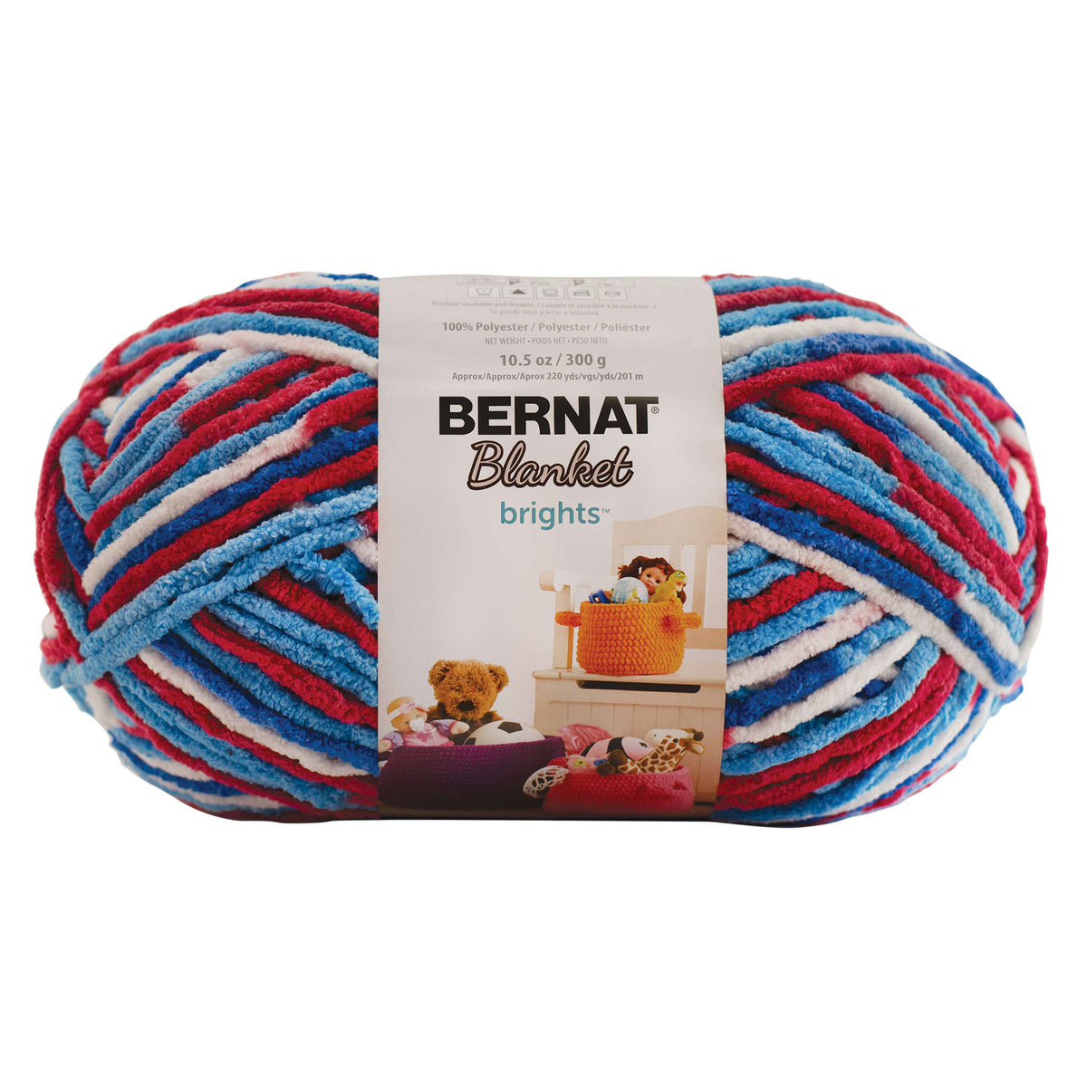 Multicolored Bernat Blanket yarn ball with label on a white background
