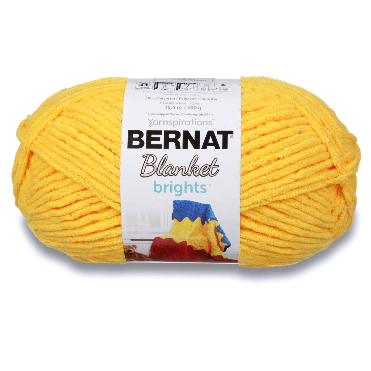 Yellow ball of Bernat Blanket Brights yarn on a white background