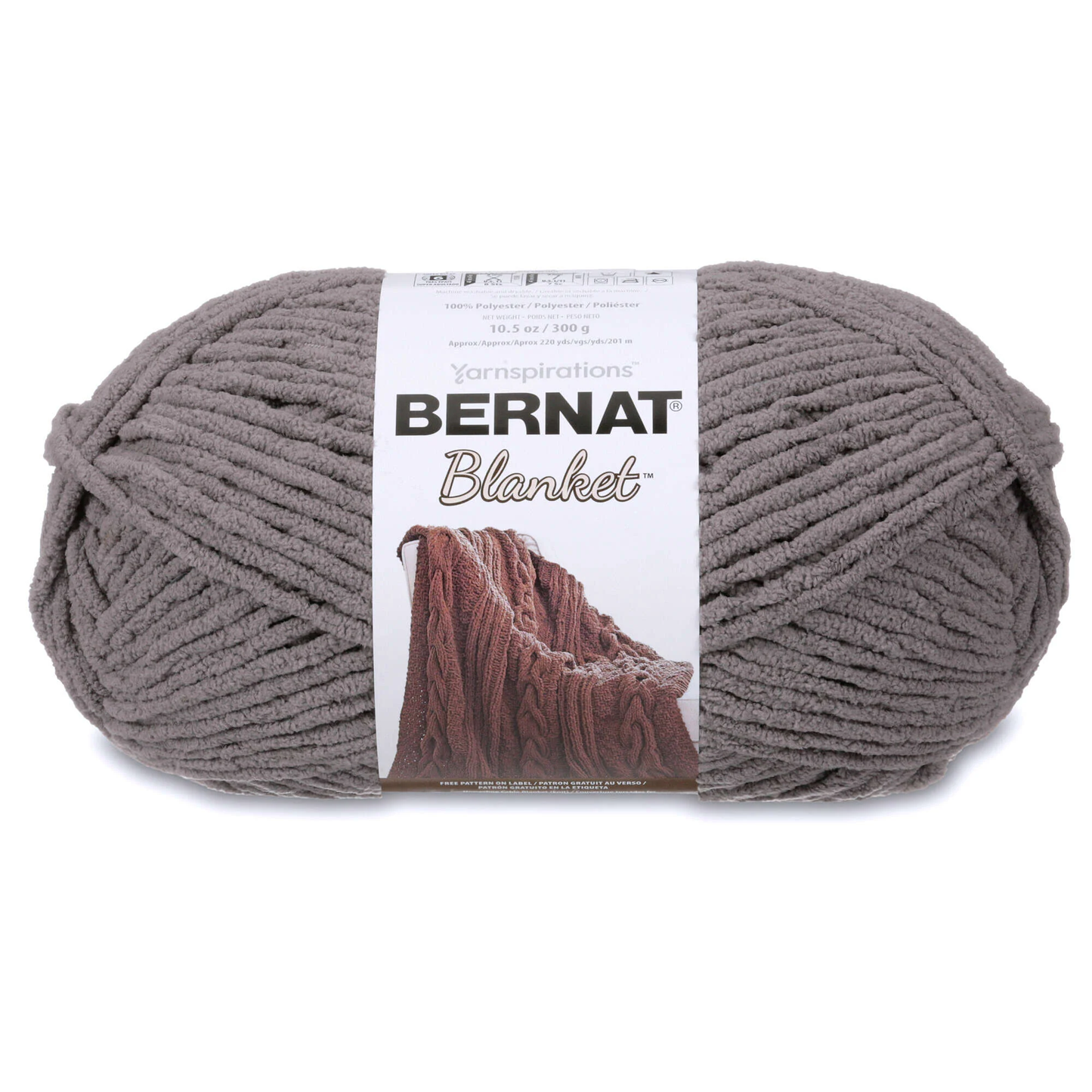 Ball of Bernat Blanket yarn with label on a white background