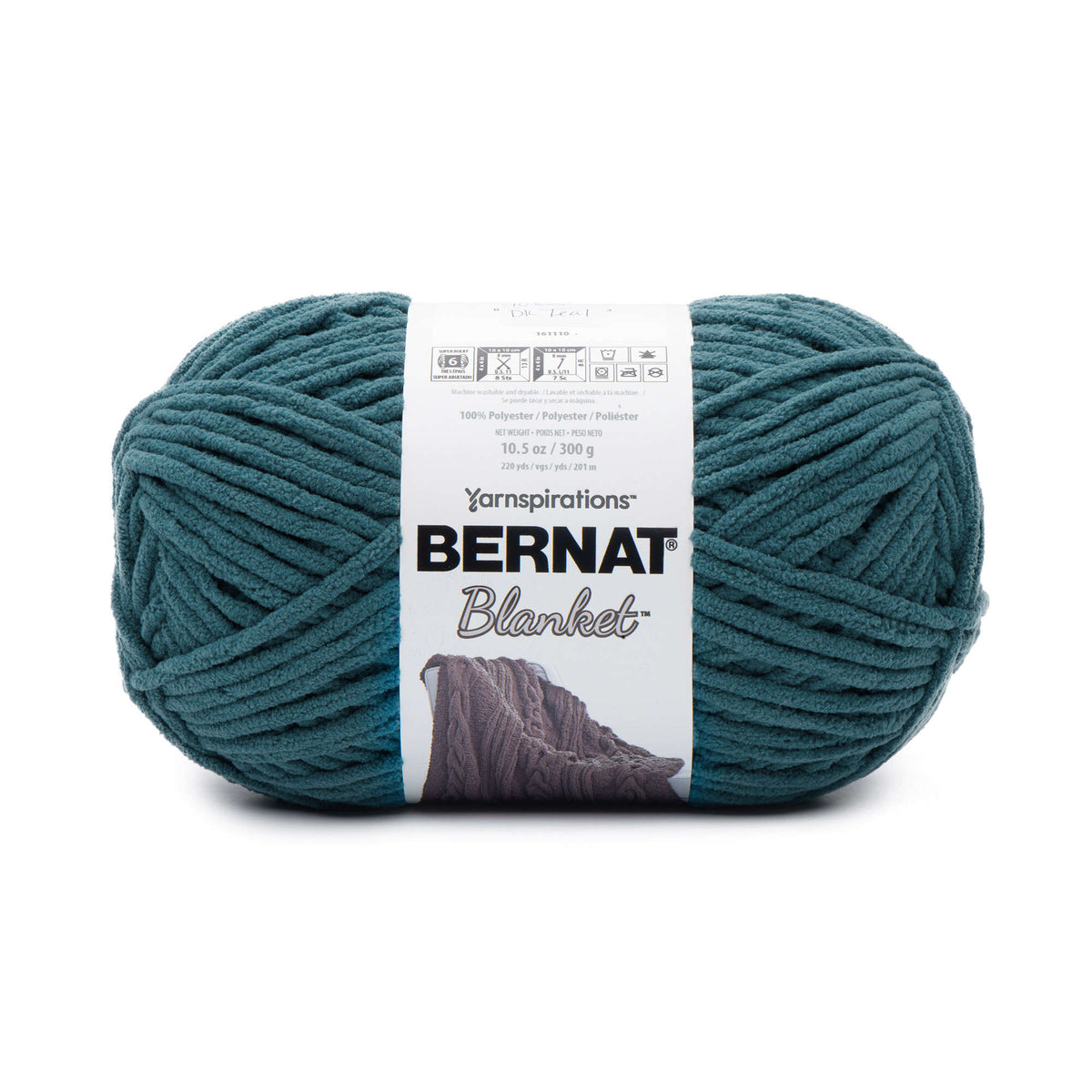 Teal ball of Bernat Blanket yarn with label on a white background