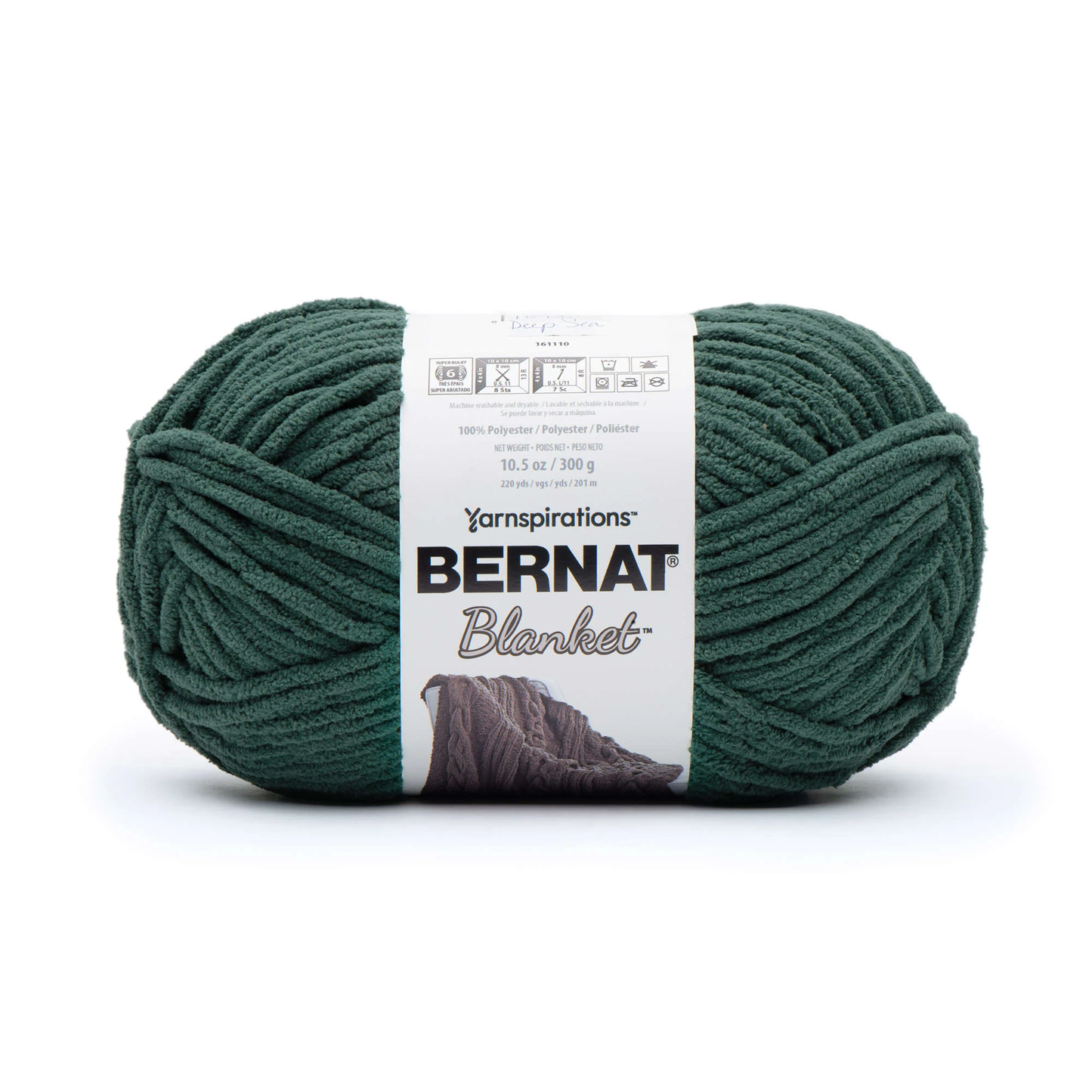 Green ball of Bernat Blanket yarn with label on a white background
