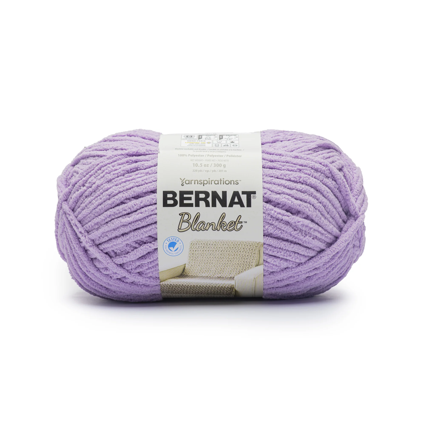 Ball of purple yarn with a Bernat label on a white background