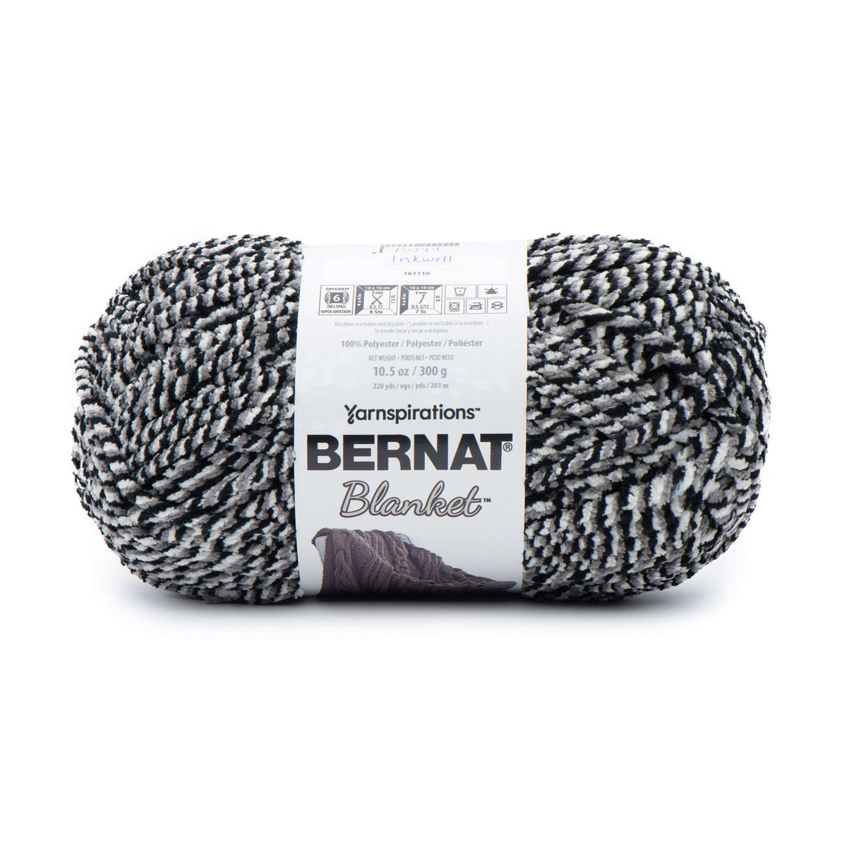 Ball of Bernat Blanket yarn with label on a white background