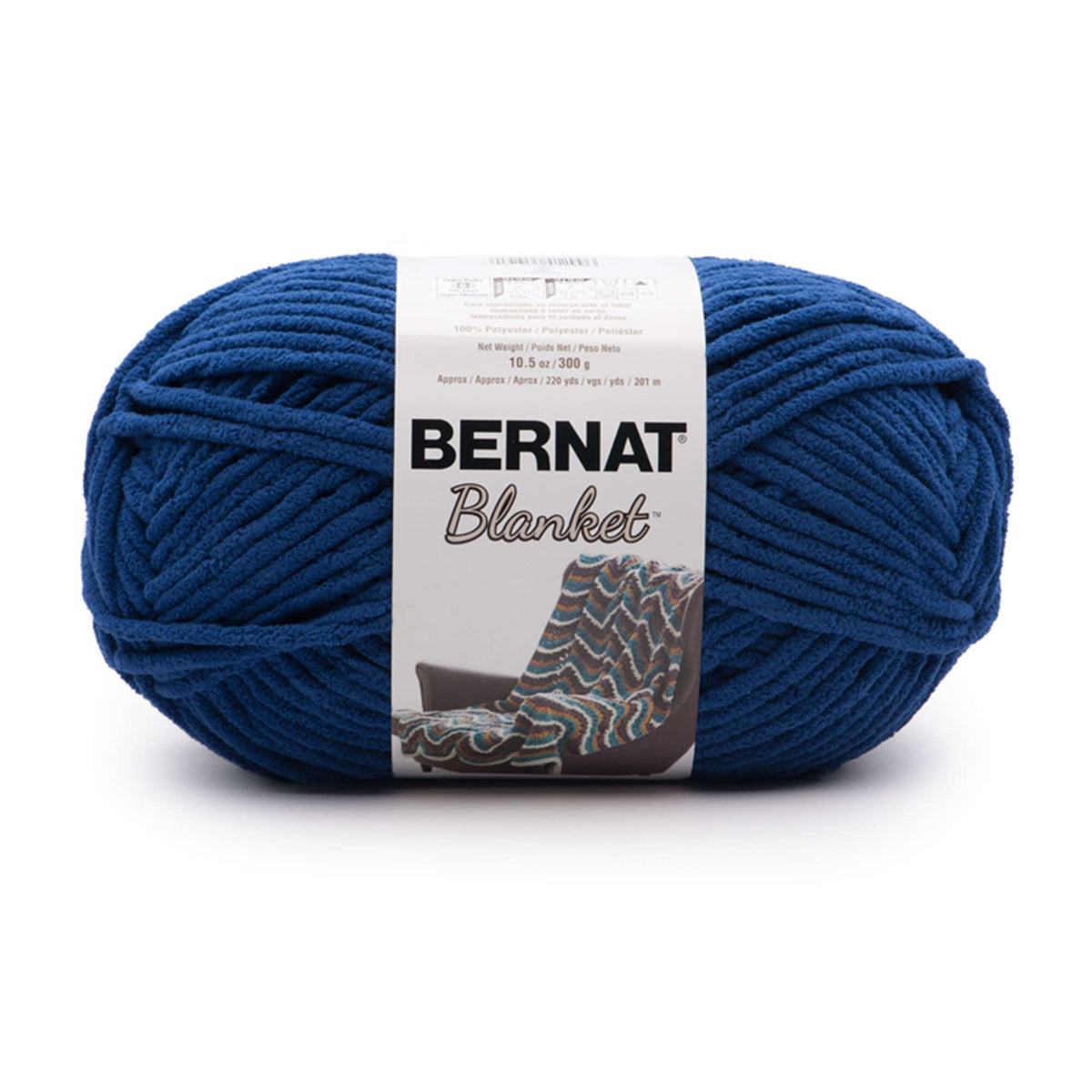 Blue ball of yarn with a Bernat label on a white background
