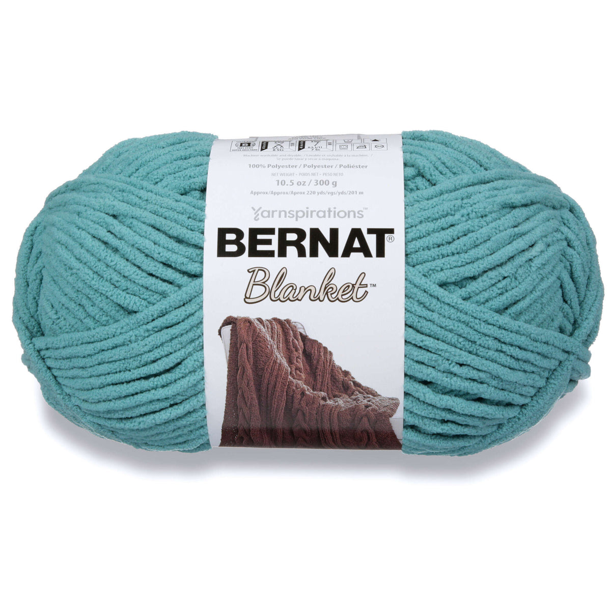 Teal ball of Bernat Blanket yarn on a white background