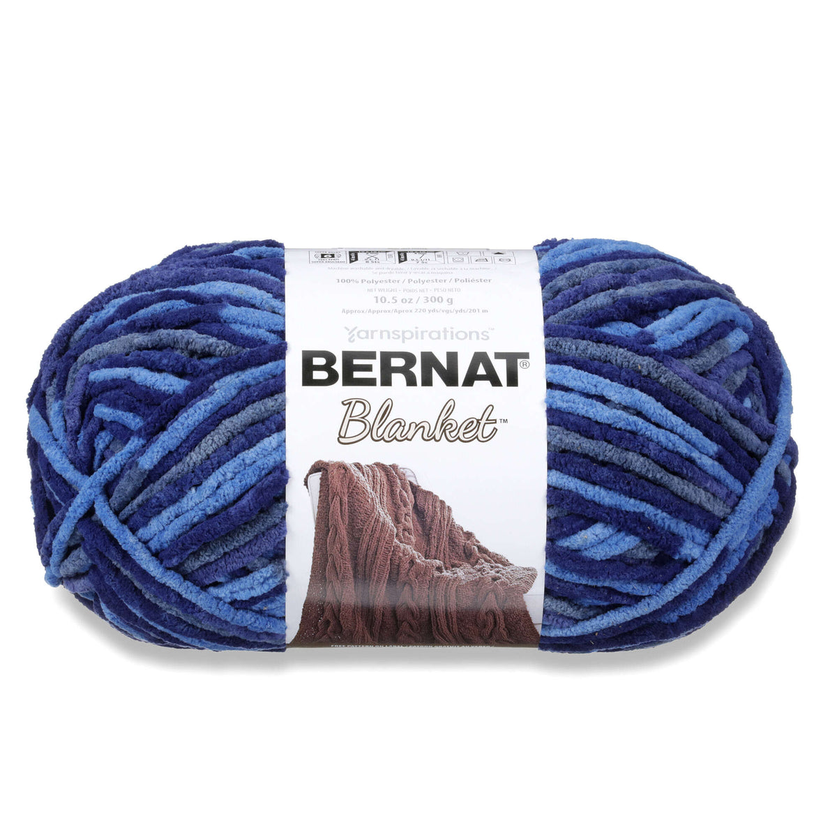 Blue ball of Bernat Blanket yarn on a white background