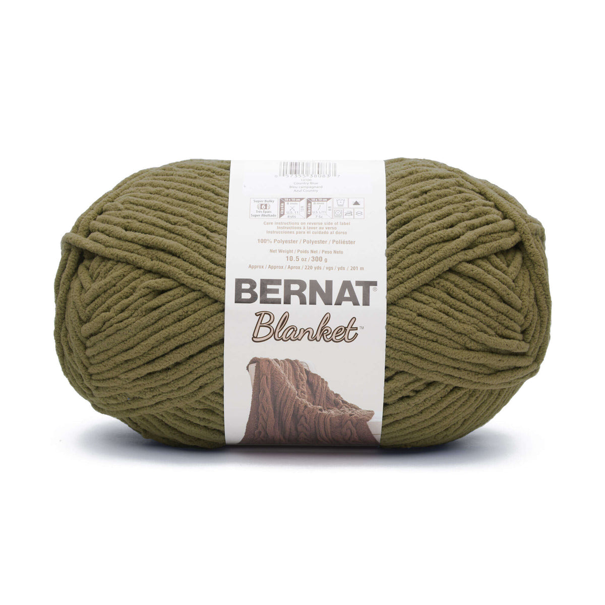 Ball of green yarn with a Bernat Blanket label on a white background