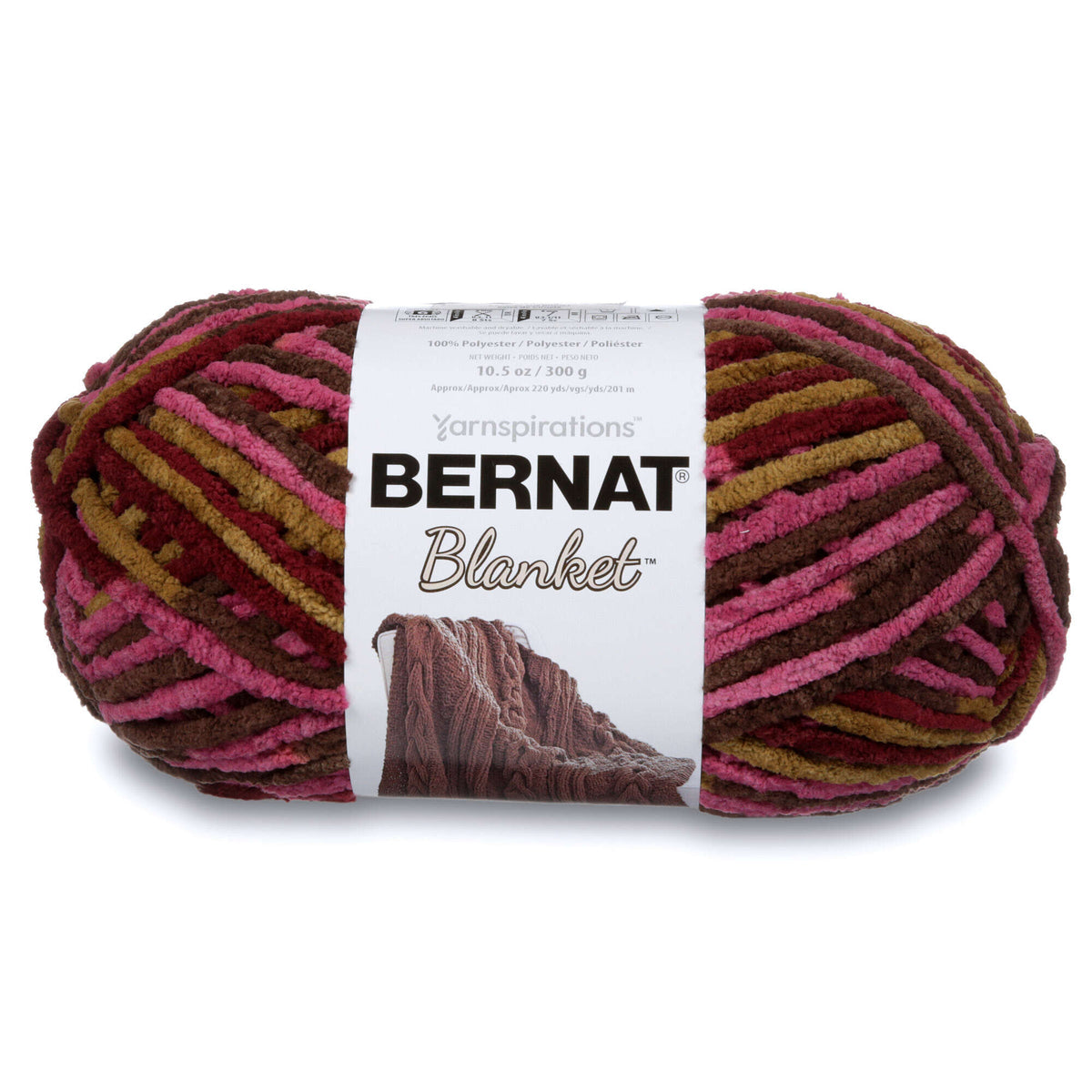 Multicolored ball of Bernat Blanket yarn on a white background