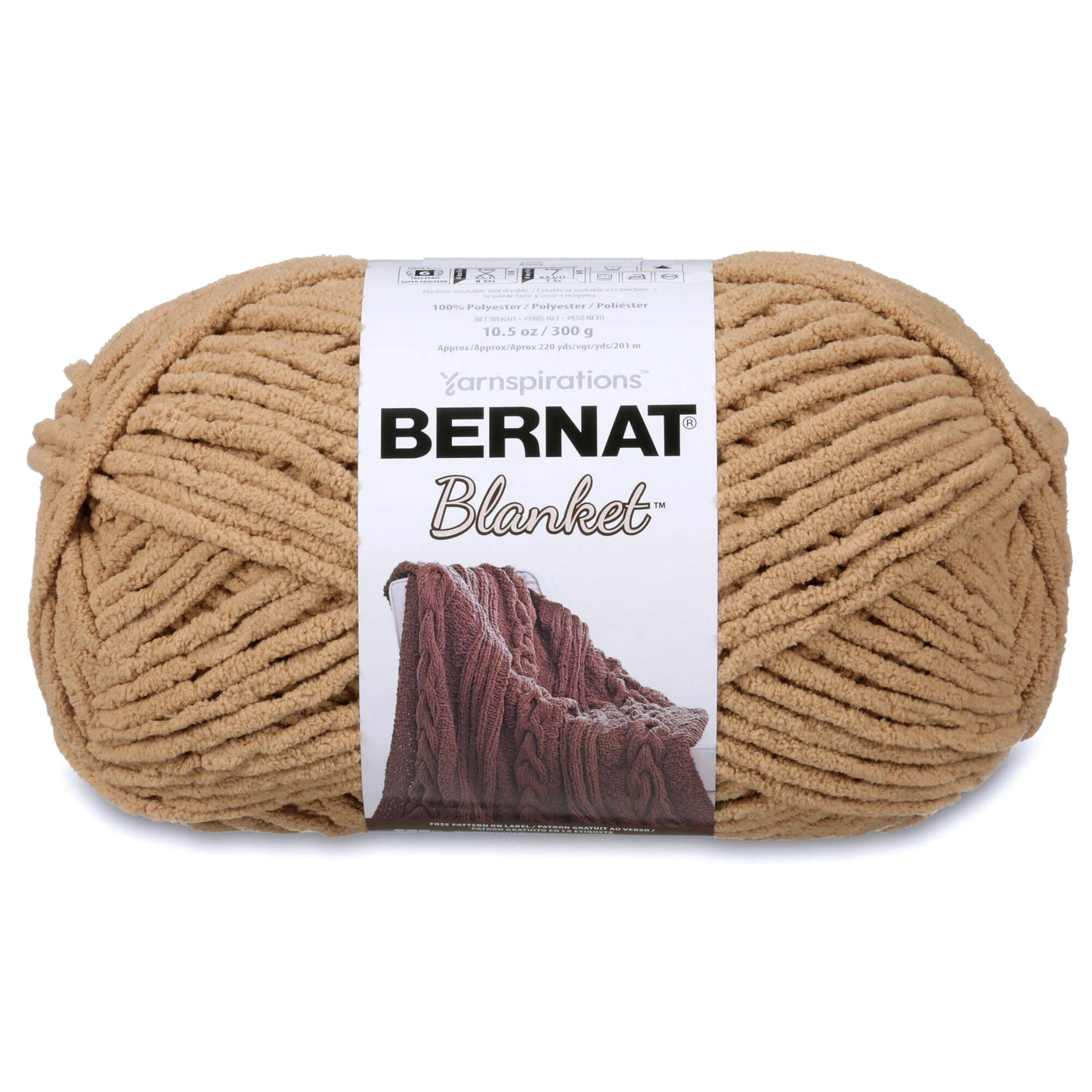 Ball of Bernat Blanket yarn with label on a white background