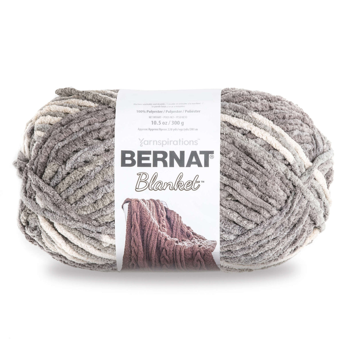 Ball of Bernat Blanket yarn on a white background