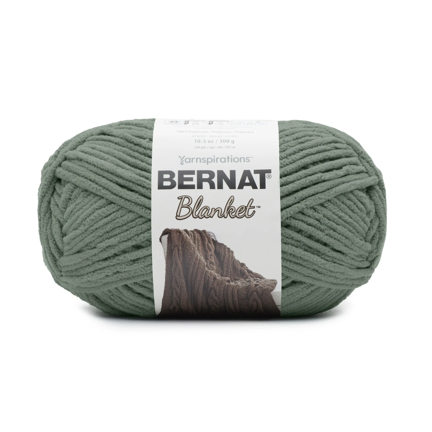 Green skein of Bernat Blanket yarn on a white background