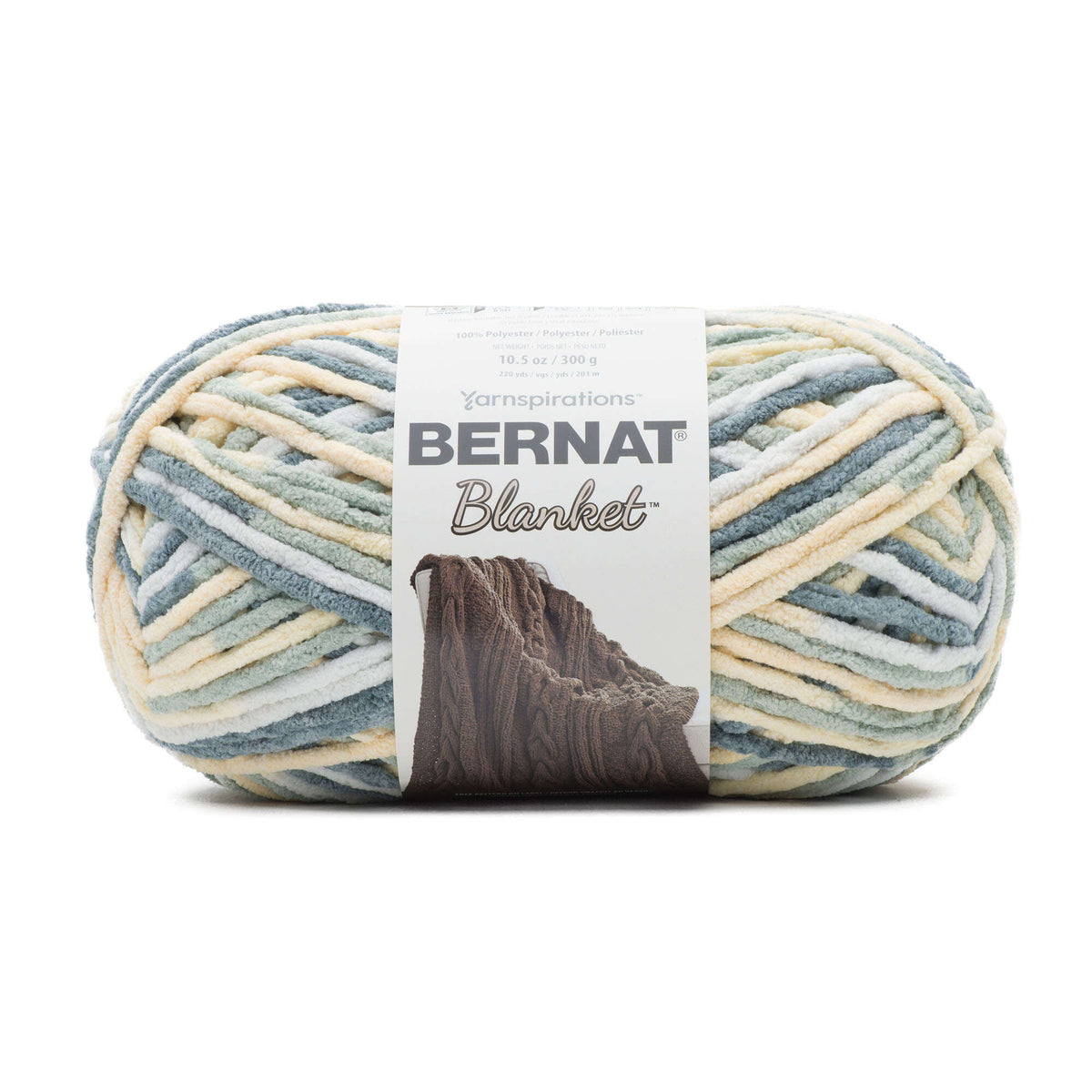 Ball of Bernat Blanket yarn with a patterned design on a white background