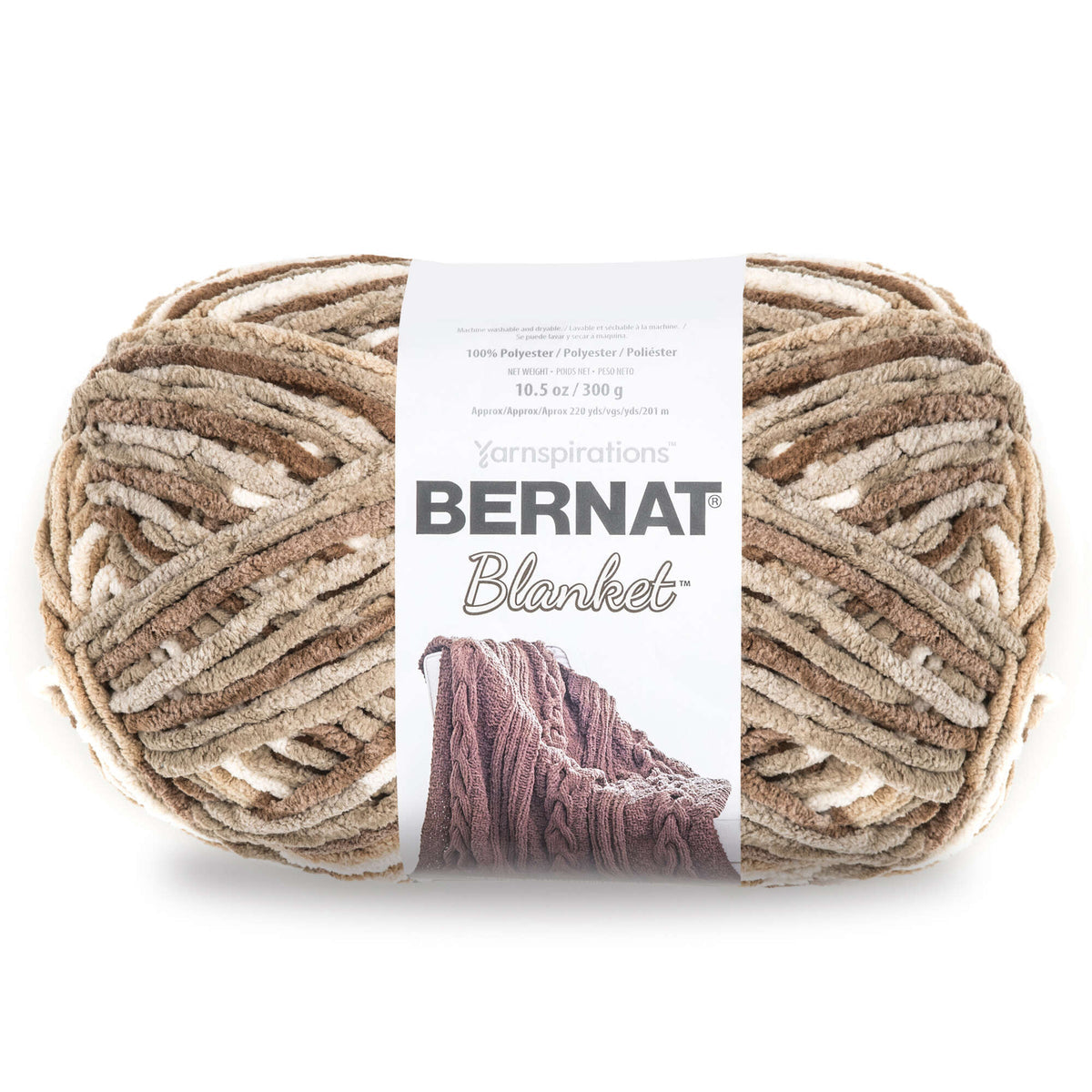 Ball of Bernat Blanket yarn with a label on a white background