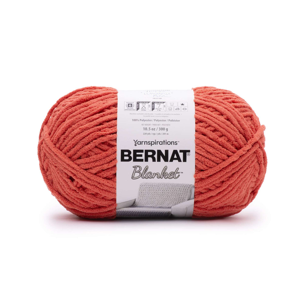Ball of yarn with a Bernat label on a white background