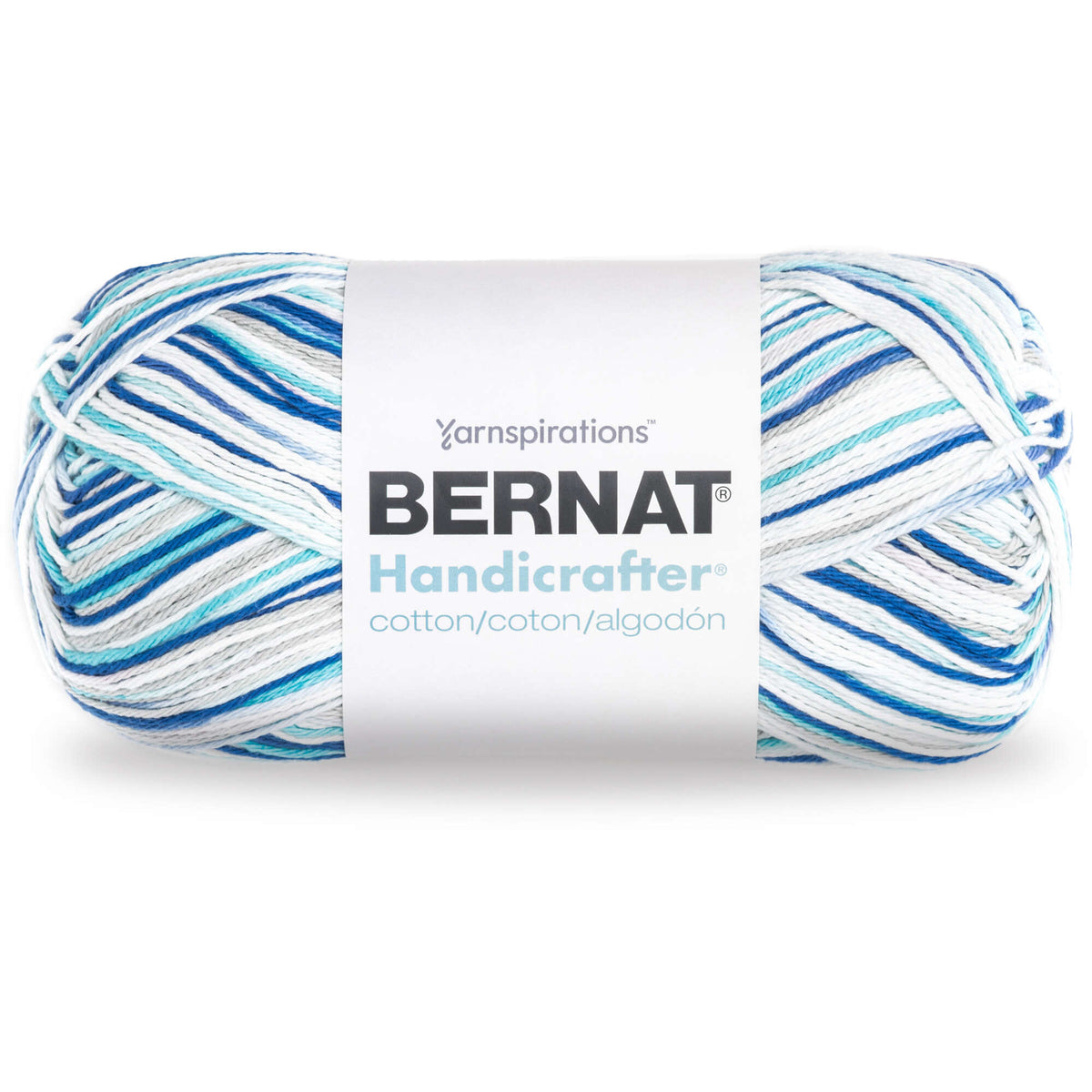 Ball of Bernat Handicrafter yarn with blue and white pattern on a white background