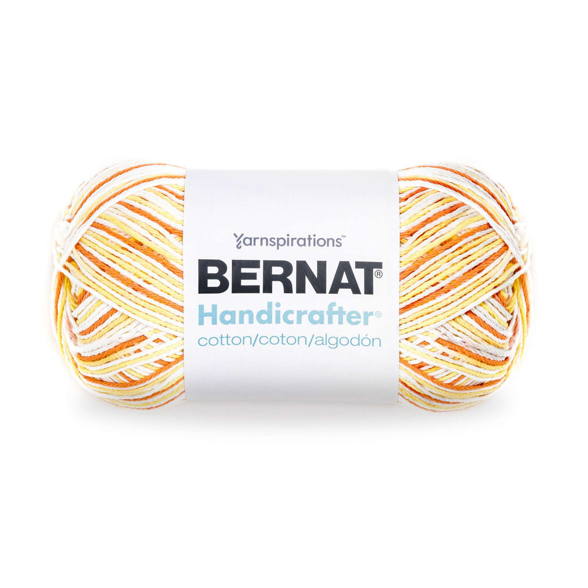 Ball of Bernat Handicrafter yarn with a white label on a white background
