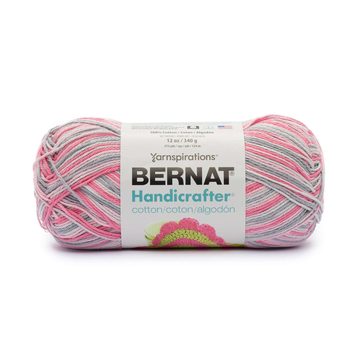 Ball of Bernat Handicrafter yarn with pink and gray pattern on a white background