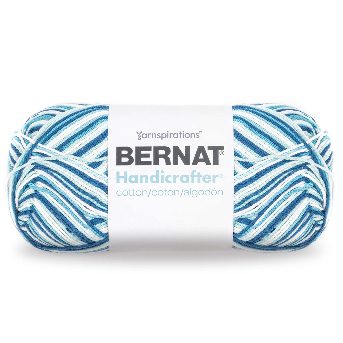 Bernat Handicrafter yarn ball with blue and white pattern on a white background