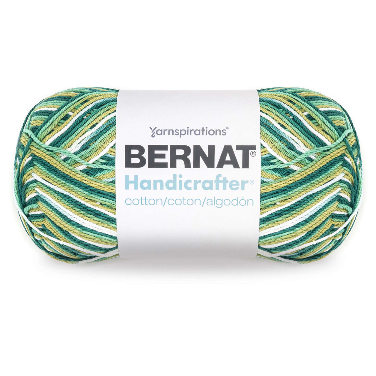 Bernat Handicrafter yarn ball with green and yellow pattern on a white background