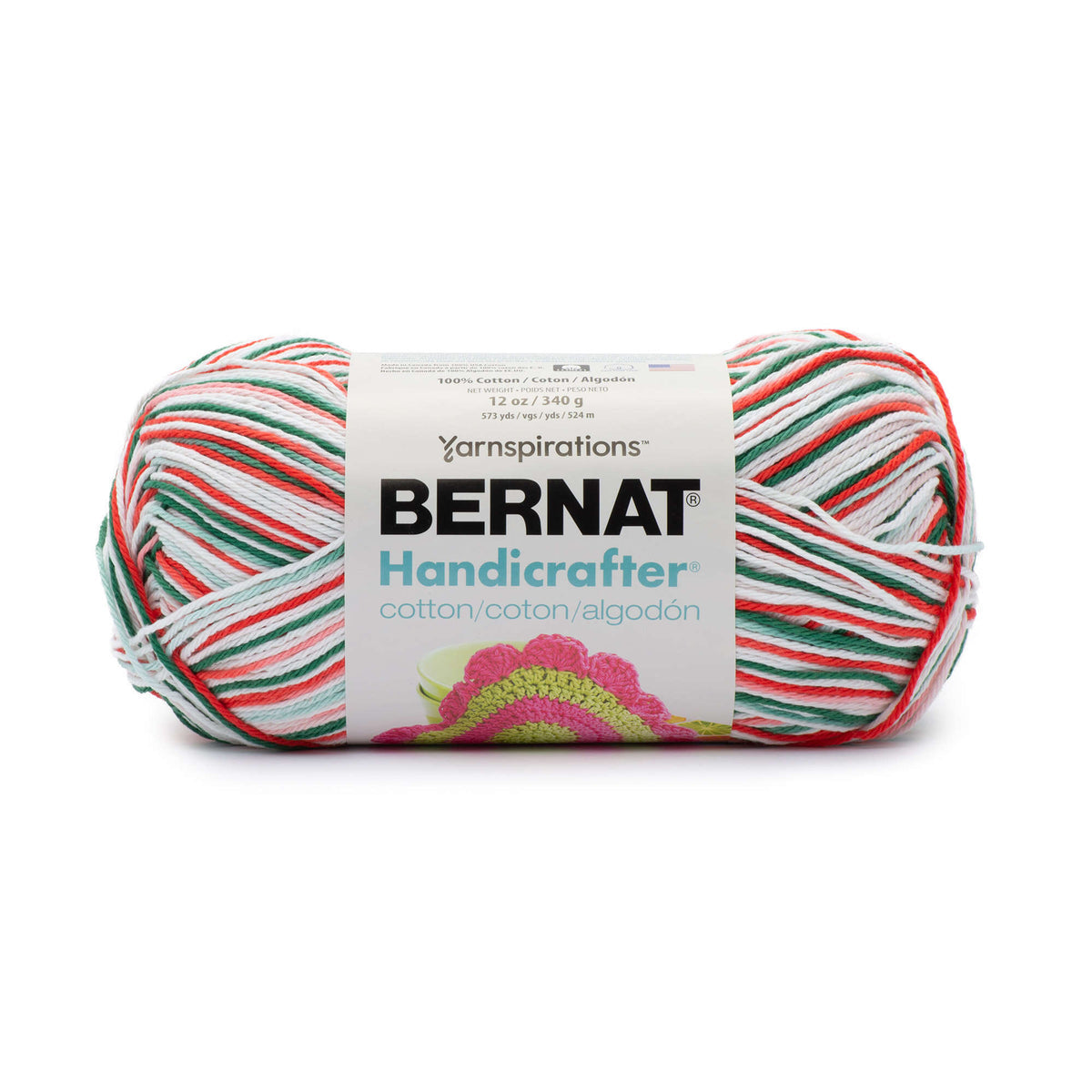 Bernat Handicrafter yarn ball with colorful pattern on a white background