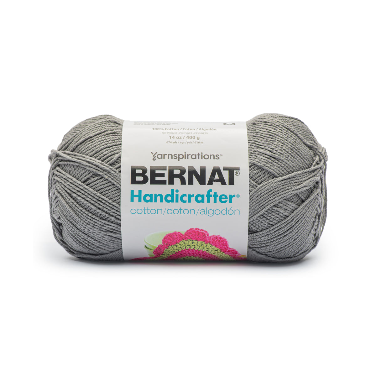 Gray skein of Bernat Handicrafter yarn on a white background