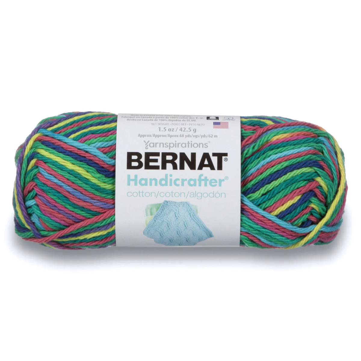 Multicolored skein of Bernat Handicrafter yarn on a white background