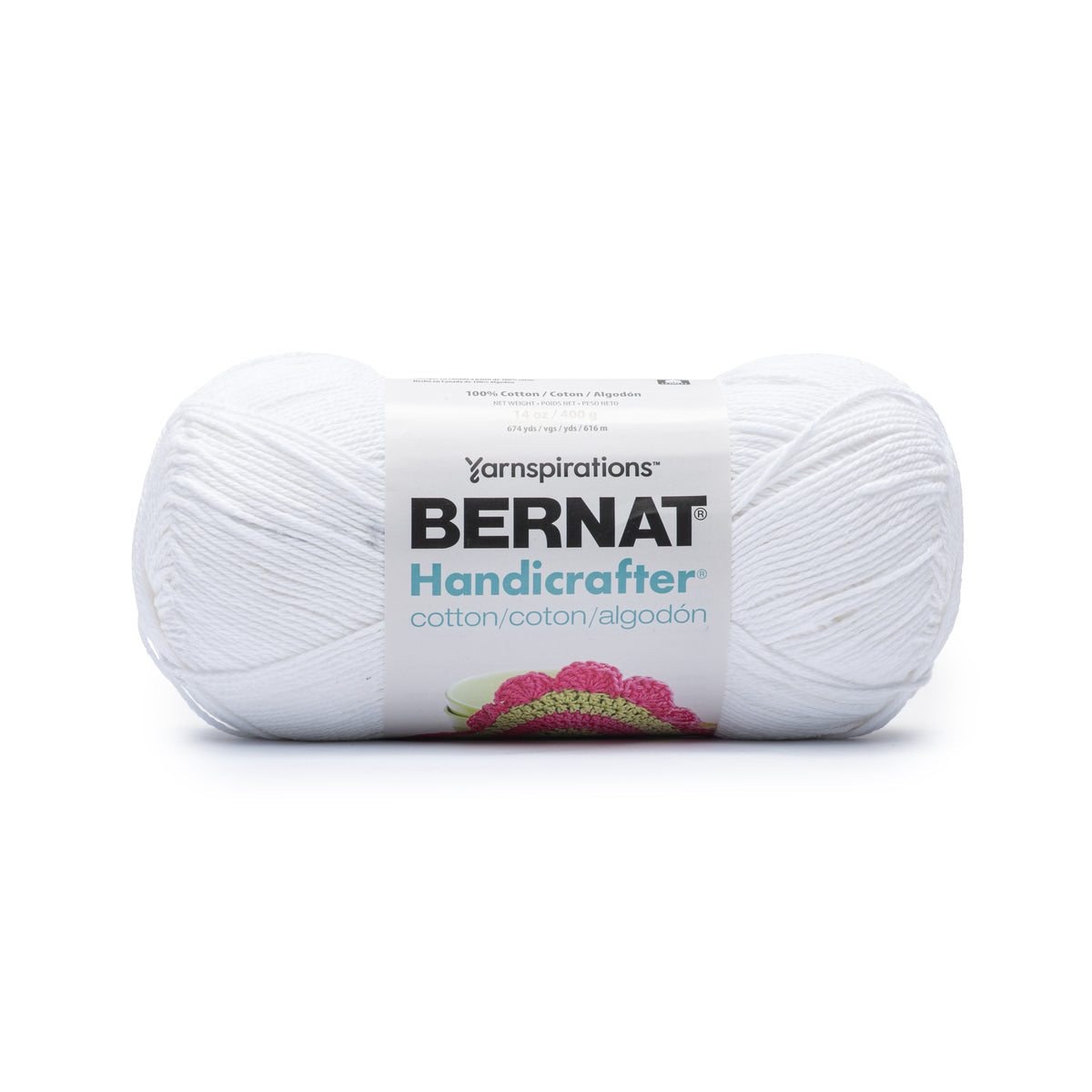 White skein of Bernat Handicrafter yarn on a white background