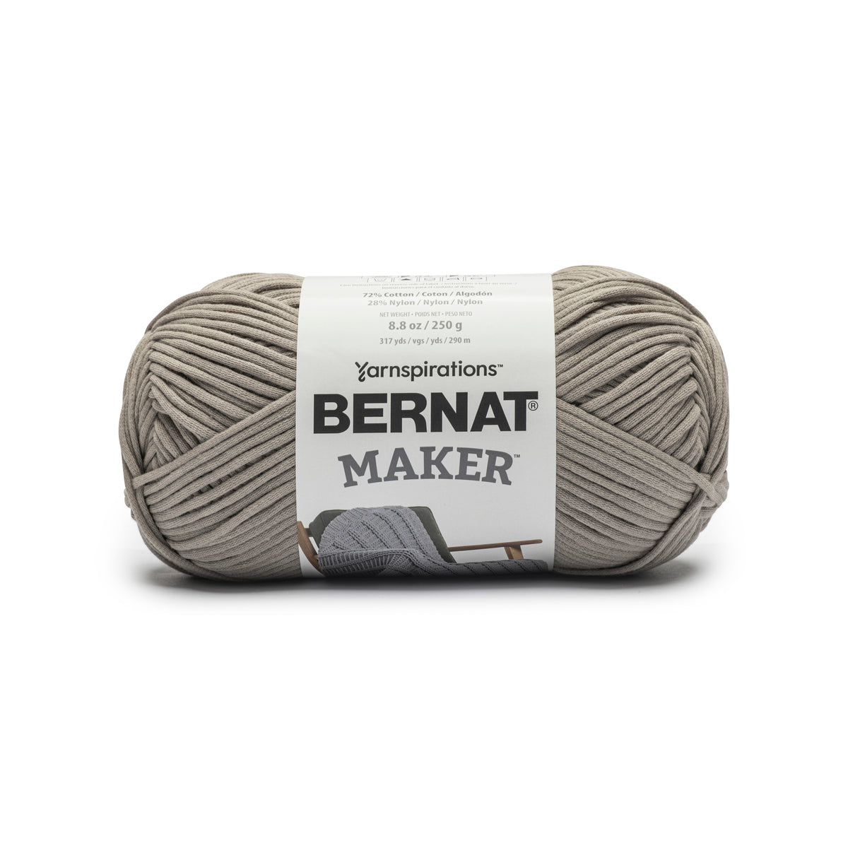 Ball of yarn with a Bernat Maker label on a white background