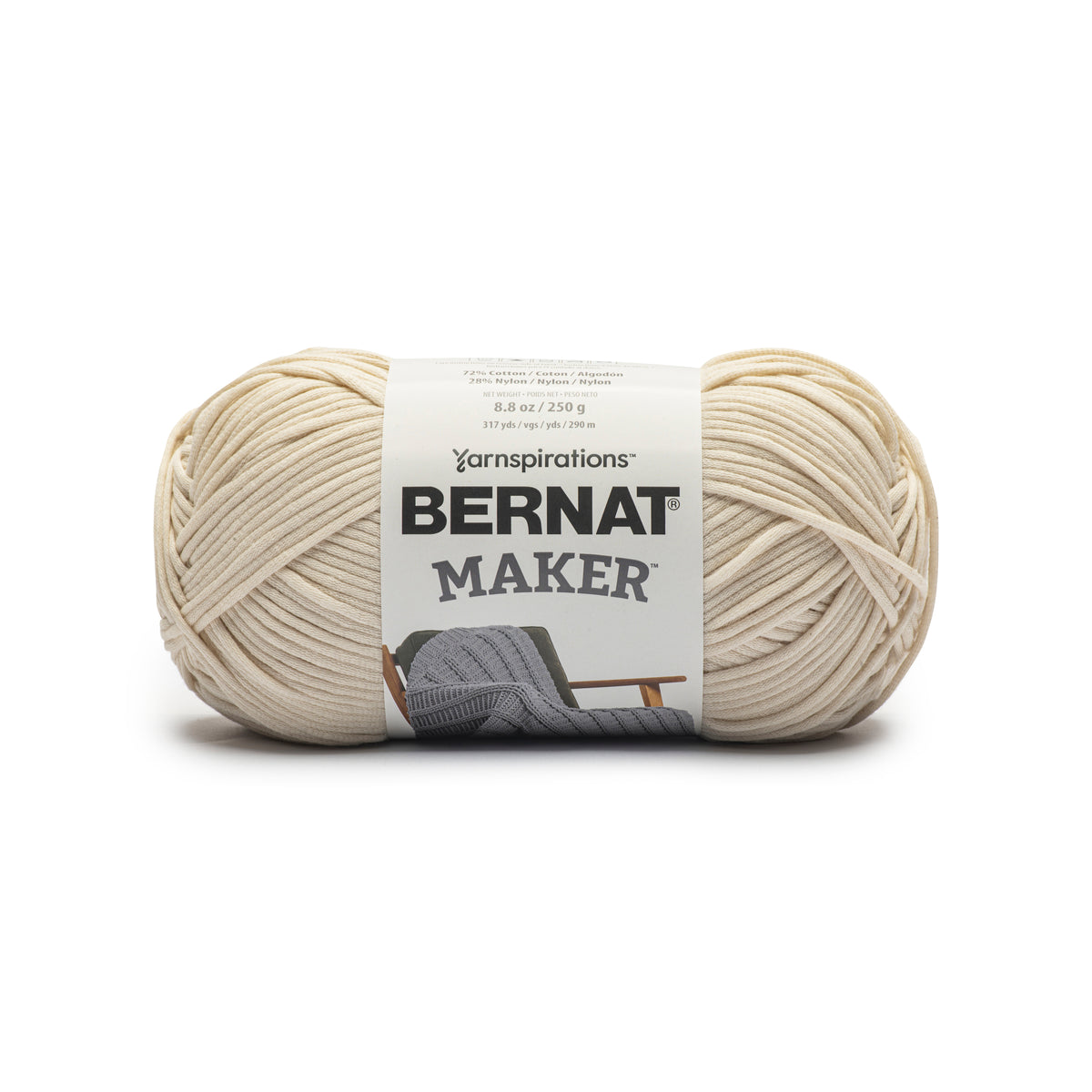 Ball of Bernat Maker yarn on a white background