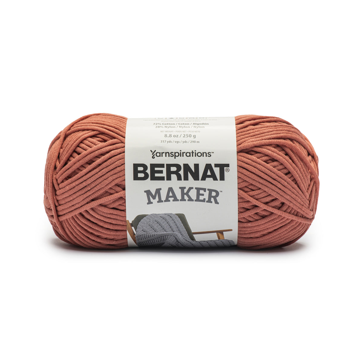 Ball of yarn with Bernat Maker label on a white background