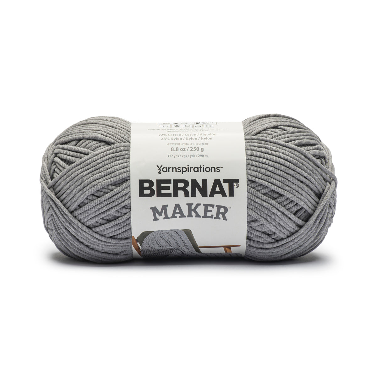 Gray skein of Bernat Maker yarn on a white background